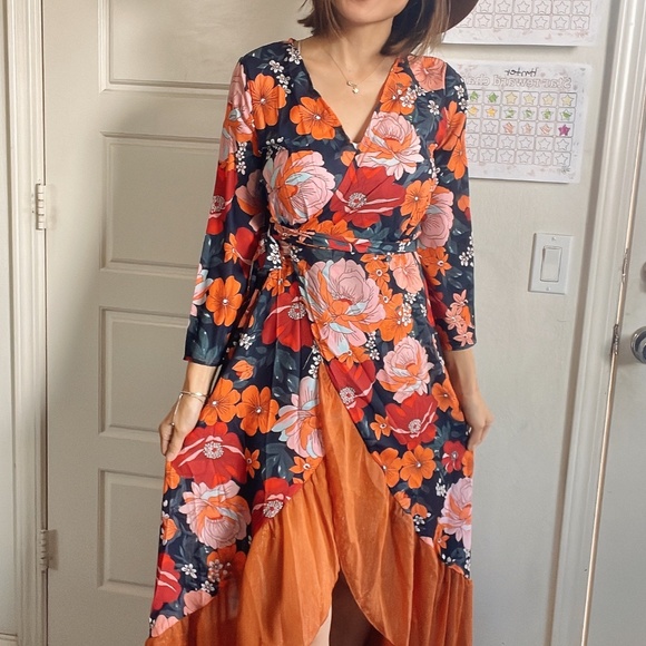 Boho Floral Print Asymmetrical Ruffle Hem Belted Maxi Dress - Picture 10 of 12